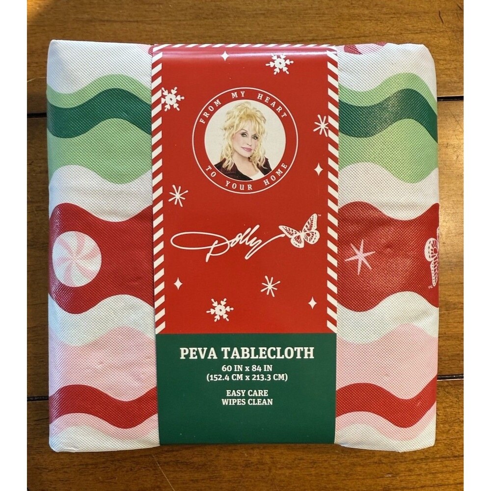 Dolly Parton DG PEVA Christmas Table Cloth peppermint candies red & green 60”x84
